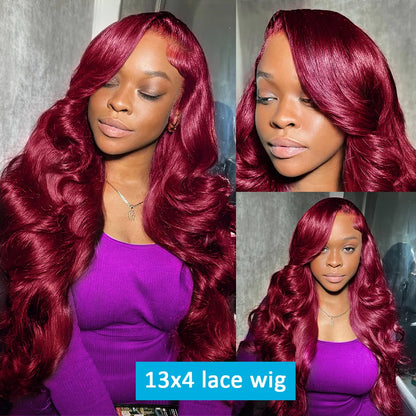 99J Burgundy Body Wave Human Hair Wig – 13x6 HD Transparent Lace Front, 30-40 Inch Curly Brazilian Hair for Women