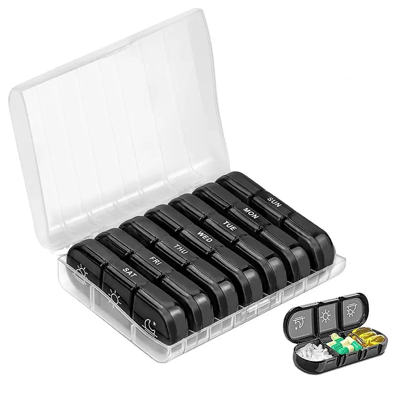 Seven-Day Medicine Organizer Box – 21 Black Compartments Portable Plastic Pill & Vitamin Storage Case