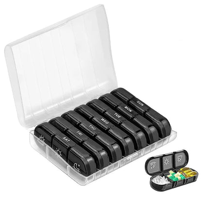Seven-Day Medicine Organizer Box – 21 Black Compartments Portable Plastic Pill & Vitamin Storage Case