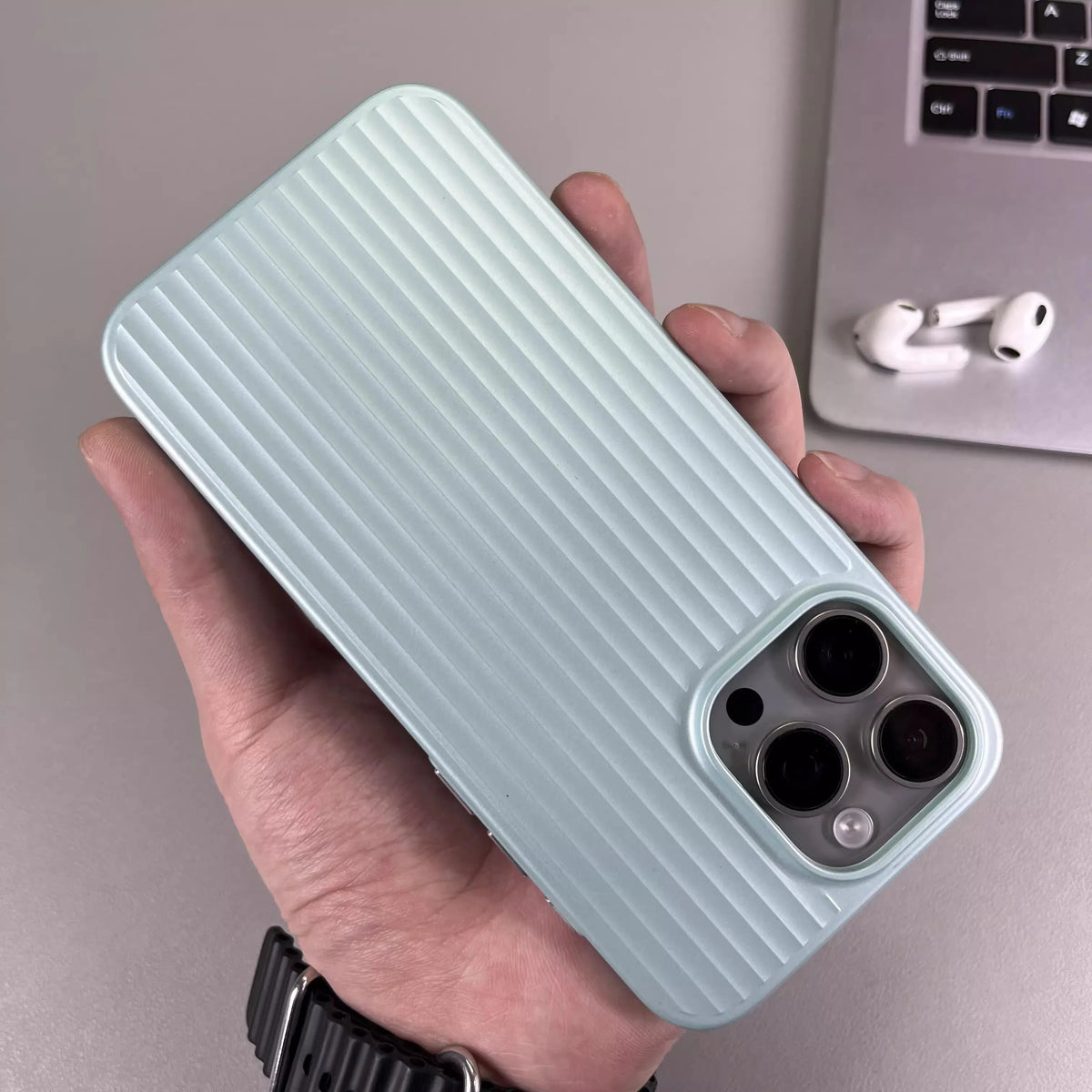 Titanium Stripe iPhone Case - Shockproof Hard Armor Cover with Metal Buttons for iPhone 13–16 Pro Max