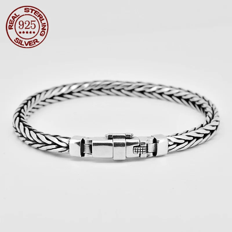 100% S925 Sterling Silver Handmade Woven Bracelet — Retro Domineering Style for Men & Women, Pure Silver Jewelry