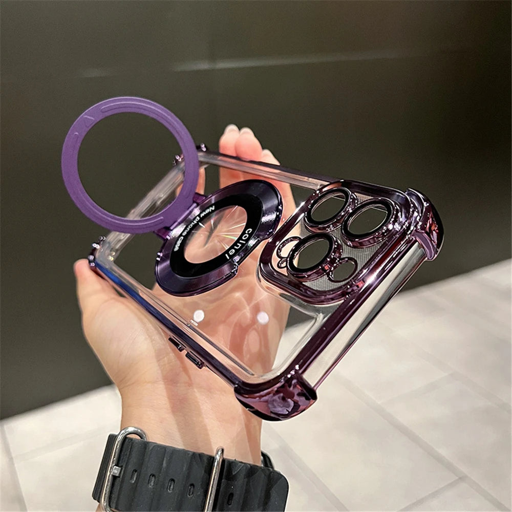 Luxury Plated Shockproof Magnetic Bracket for MagSafe – Clear Case with Stand Holder for iPhone 15, 16, 14, 13, 12, 11 Pro Max