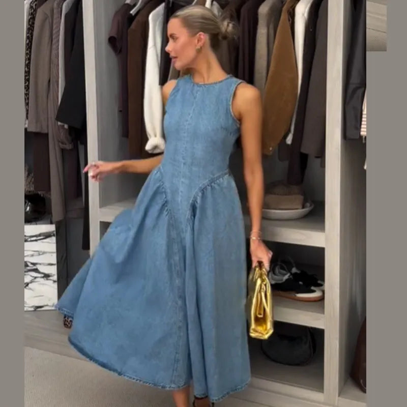 Elegant Pleated Denim Dress for Women – 2025 Chic Slim Fit Lapel Vestido with Short Sleeves & Single-Breasted Design