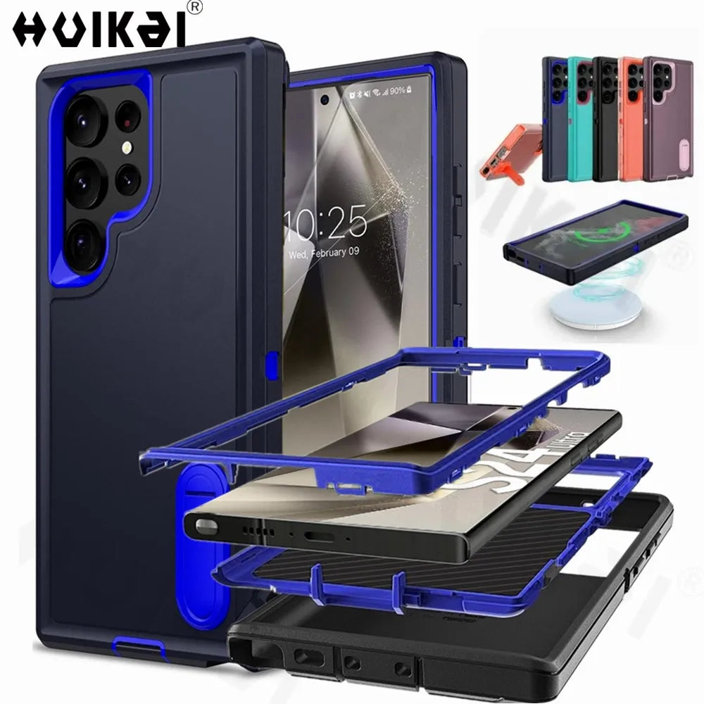 3-in-1 Shockproof Heavy Duty Case for Samsung Galaxy S24 Ultra, S23 Ultra, S22 Ultra - Rugged Protective Kickstand Cover