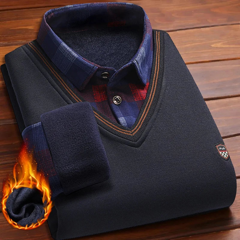 Men's Vintage Plaid Knit Sweater - Warm Fleece Polo Collar Winter Pullover