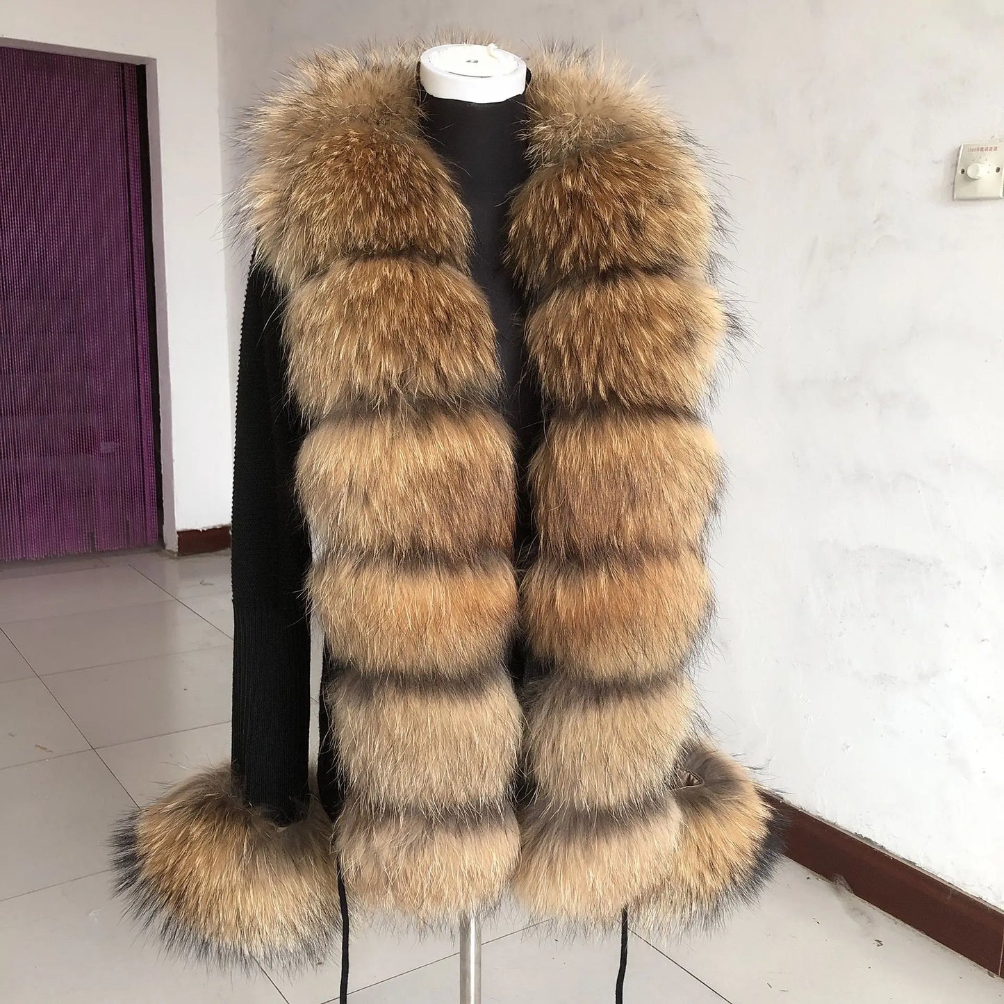 Women’s Spring & Autumn Sweater Cardigan – Real Fox Fur Collar Jacket, Natural Fur Outerwear