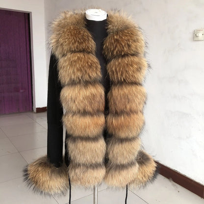 Women’s Spring & Autumn Sweater Cardigan – Real Fox Fur Collar Jacket, Natural Fur Outerwear