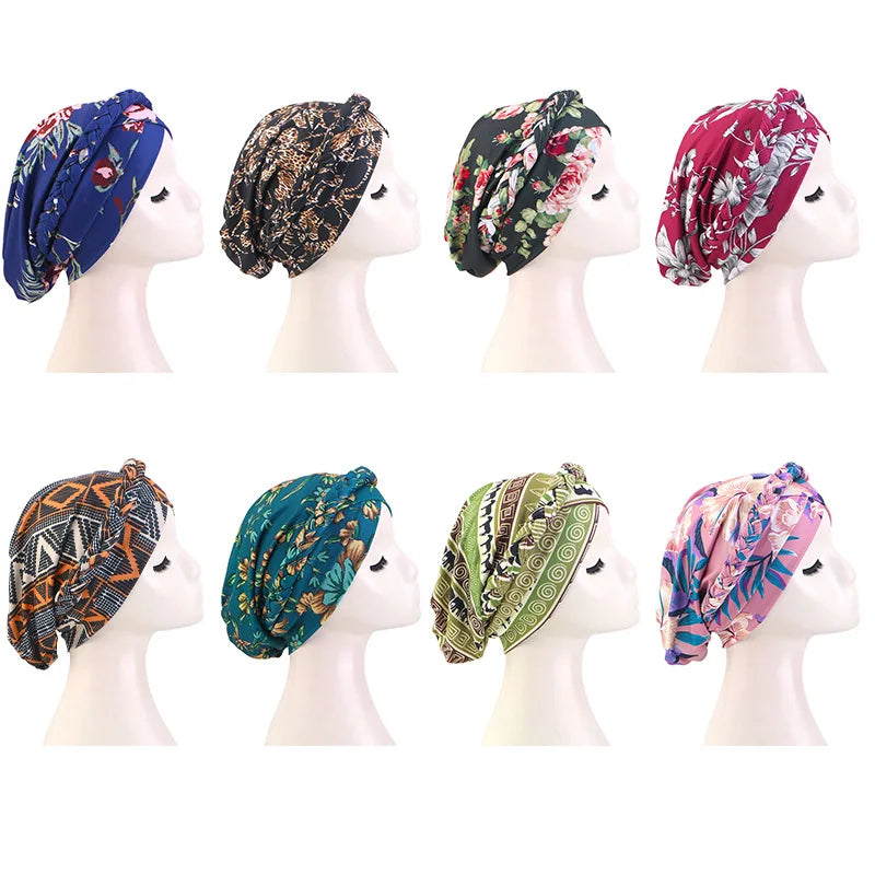 African Print Turban Headband Cap - Twisted Braid Head Wrap with Skullcap Style for Women
