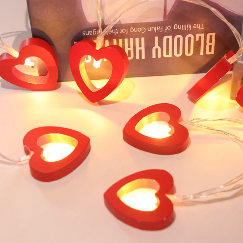 Romantic 10-Piece Valentine's Day Wooden Heart String Lights - LED Fairy Lights for Charming Love Lamp Garland, Perfect for Valentine's Day and Wedding Decor