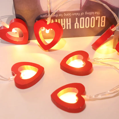 Romantic 10-Piece Valentine's Day Wooden Heart String Lights - LED Fairy Lights for Charming Love Lamp Garland, Perfect for Valentine's Day and Wedding Decor