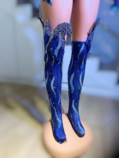 Sparkly Rhinestone Dance Performance Set - Bodysuit, Gloves & Hat Stage Costume