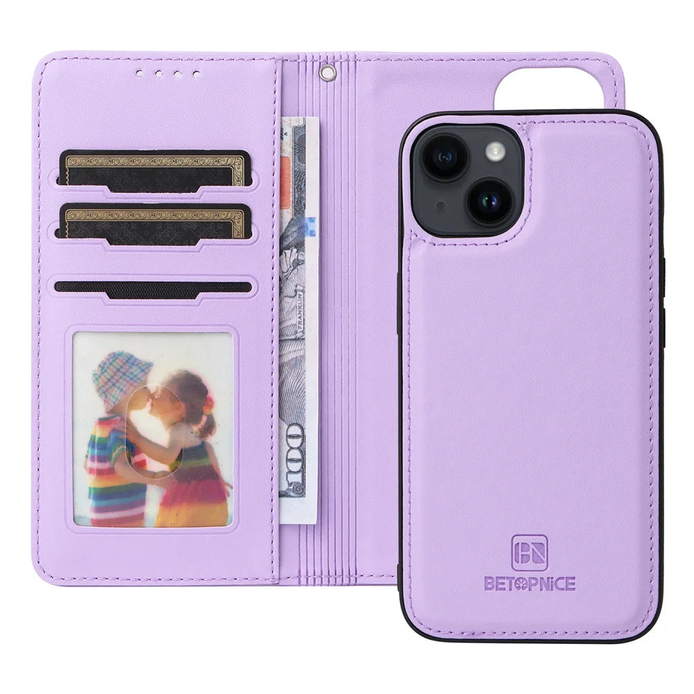 BETOPNICE 2-in-1 Detachable Wallet Case for iPhone 16/15/14/13/12/11/XR/XS Series – Magnetic Clasp Flip Cover with Removable Phone Case