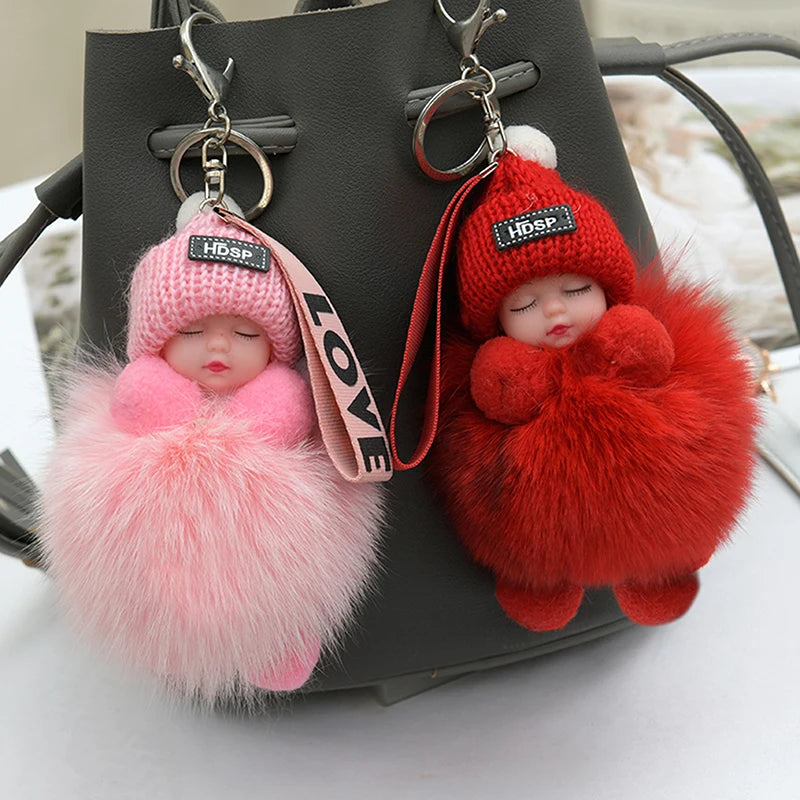 Cute Pompom Sleeping Baby Keychain - Fluffy Plush Doll Bag Charm, Key Ring & Gift for Women and Girls