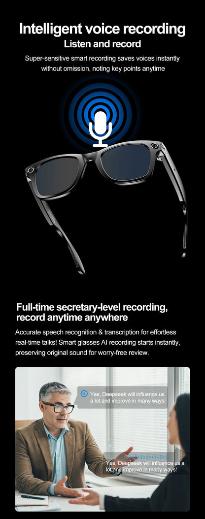 Smart Bluetooth Glasses for Men & Women — AI Translator 140 Languages, Anti-Blue Light, Camera & Speaker for Travel and Meetings