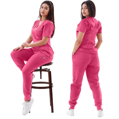 Multicolor Jogger Suit Nurse Scrubs Set - Medical Clinical Clothes with Short Sleeve V-Neck Tops and Pocket Pants, Doctor Nursing Uniforms