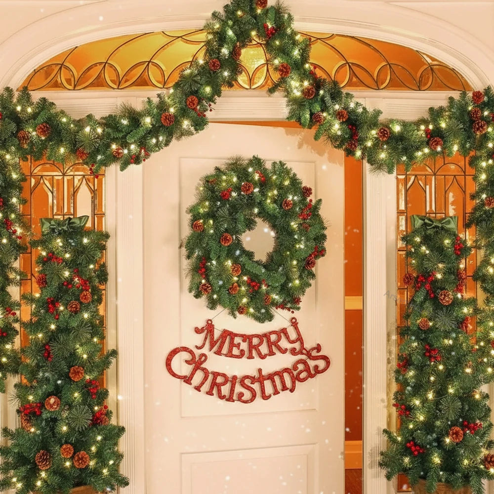 Christmas Garland Wreath with Pinecones & Red Berries – Artificial LED Rattan Decor for Tree, Stairs & Door