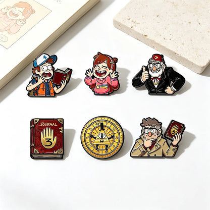 6-Piece Gravity Falls Enamel Pin Set - Cartoon Character and Bill Cipher Brooches for Backpacks, Clothing, Journals, and Collectors’ Gifts