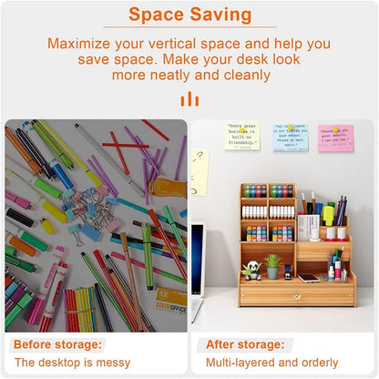 Wooden Desk Organizer – Large Capacity DIY Desktop Pen Holder with Drawer for Home, Office, and School Stationery Storage
