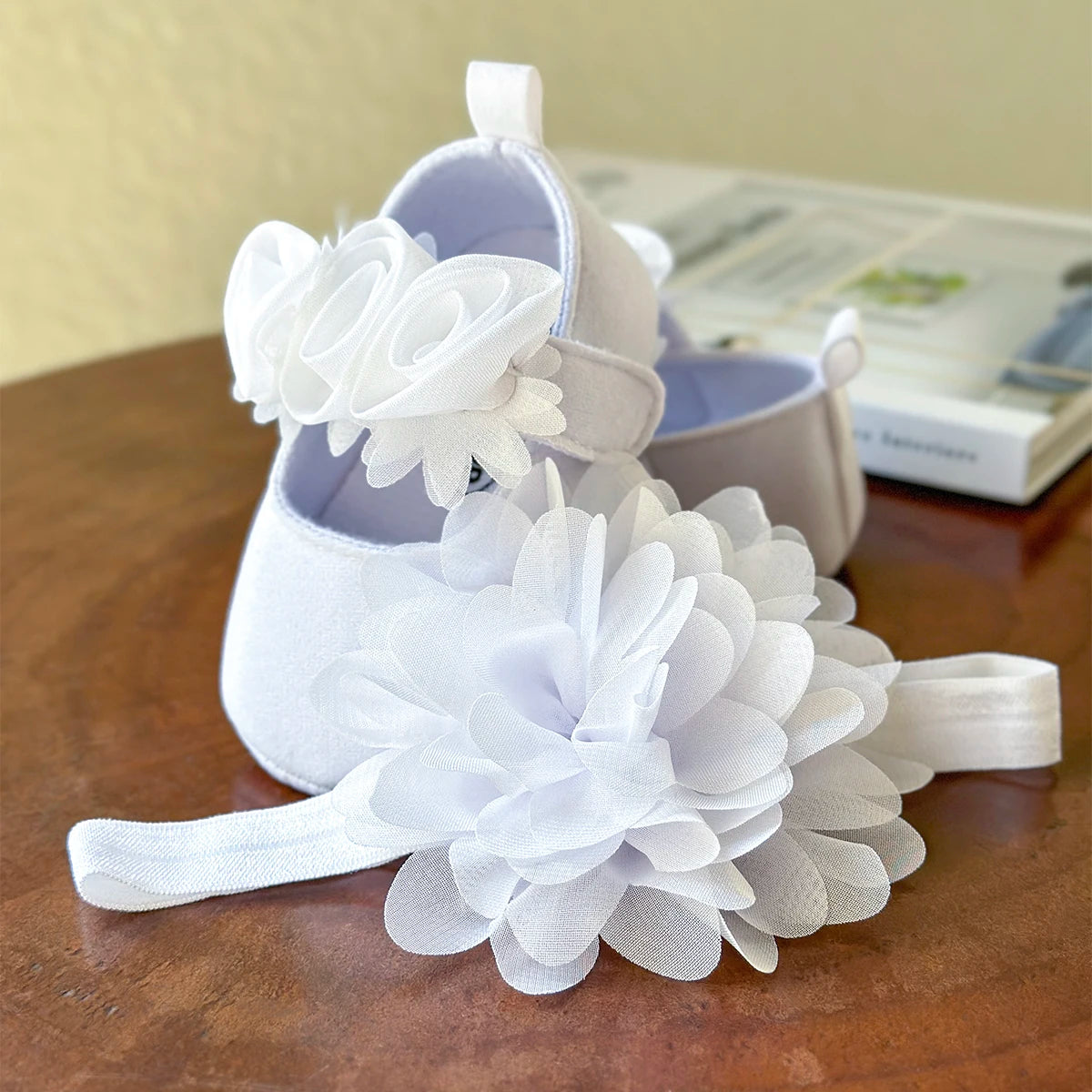 Baby Girls Flat Shoes with Flower Decor & Matching Headband – Princess Crib First Walker Shoes for Newborns and Infants
