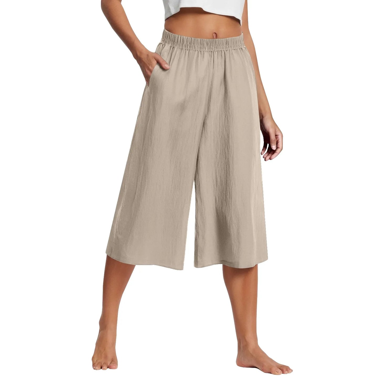Women’s Casual Wide-Leg Pants – Lazy Style High-Waist Cropped Capris with Pockets, Lightweight & Loose Fit