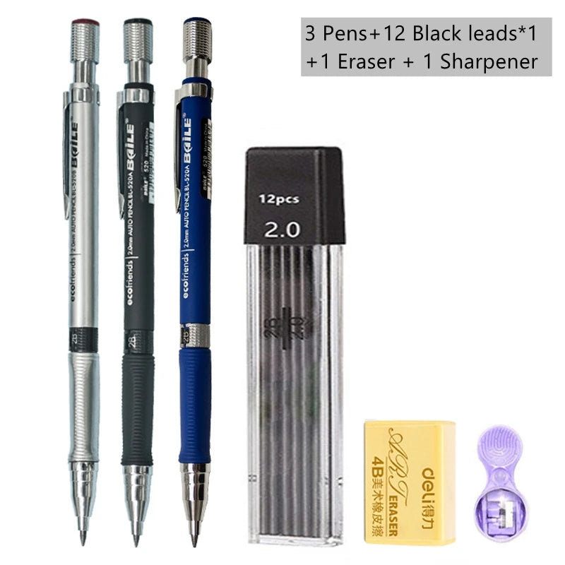 Mechanical Pencil Set 2.0mm – Automatic Pencil with 2B Black & Colored Lead Refills for Writing, Sketching, & Art Drawing