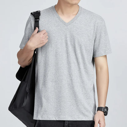 Men's Pure Cotton V-Neck T-Shirt - Comfortable Loose-Fit Casual Short Sleeve Top