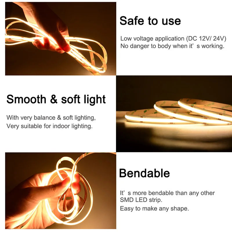 UL Listed COB LED Strip Light - 16.4ft High-Density Flexible Tape Light, DC12V/24V, 3000K-6500K, RA90