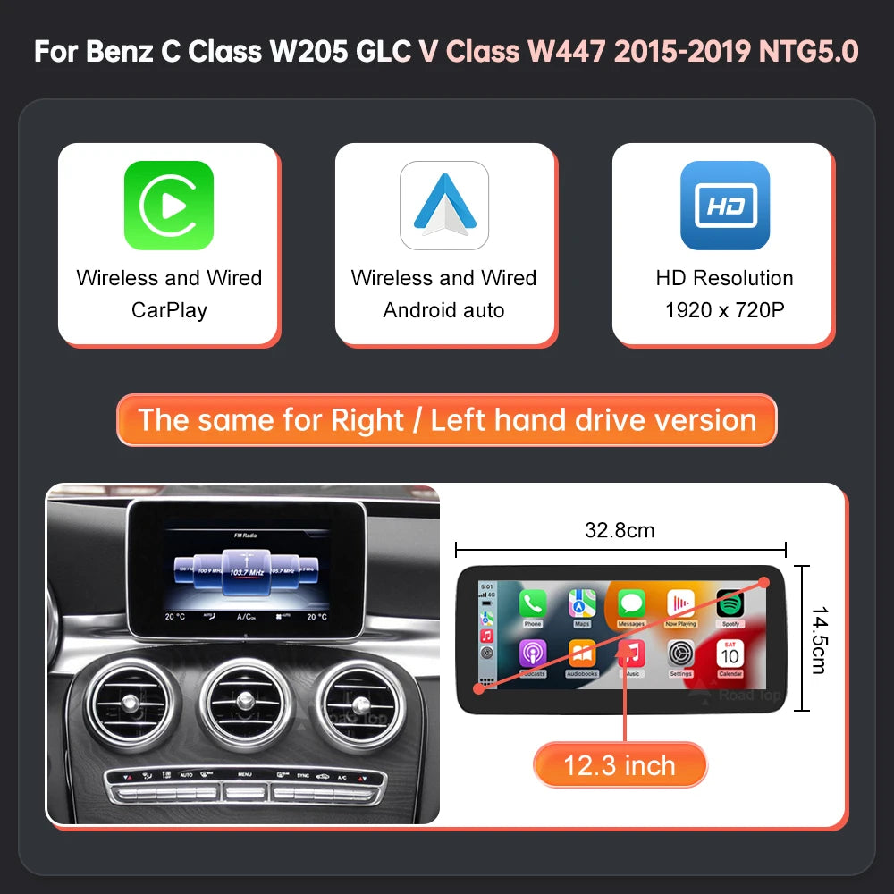 1920x720 Multimedia Touch Screen - Wireless CarPlay & Android Auto for Mercedes-Benz C Class W205, GLC, V Class W447 (2015-2018) NTG5.0