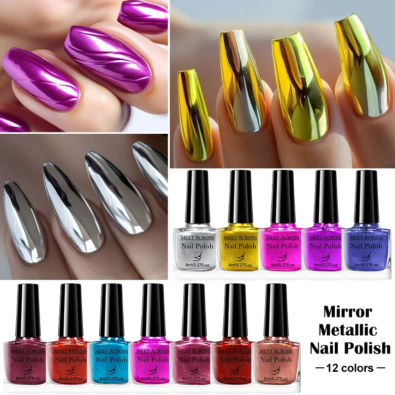 8ml Metallic Mirror Effect Nail Polish – Fast Drying Long-Lasting DIY Manicure Art, No Lamp Cure Nail Supplies