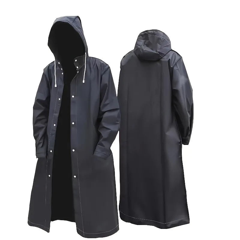 Black Waterproof Long Raincoat for Adults – Hooded Outdoor Jacket for Motorcycle, Cycling, Hiking and Fishing