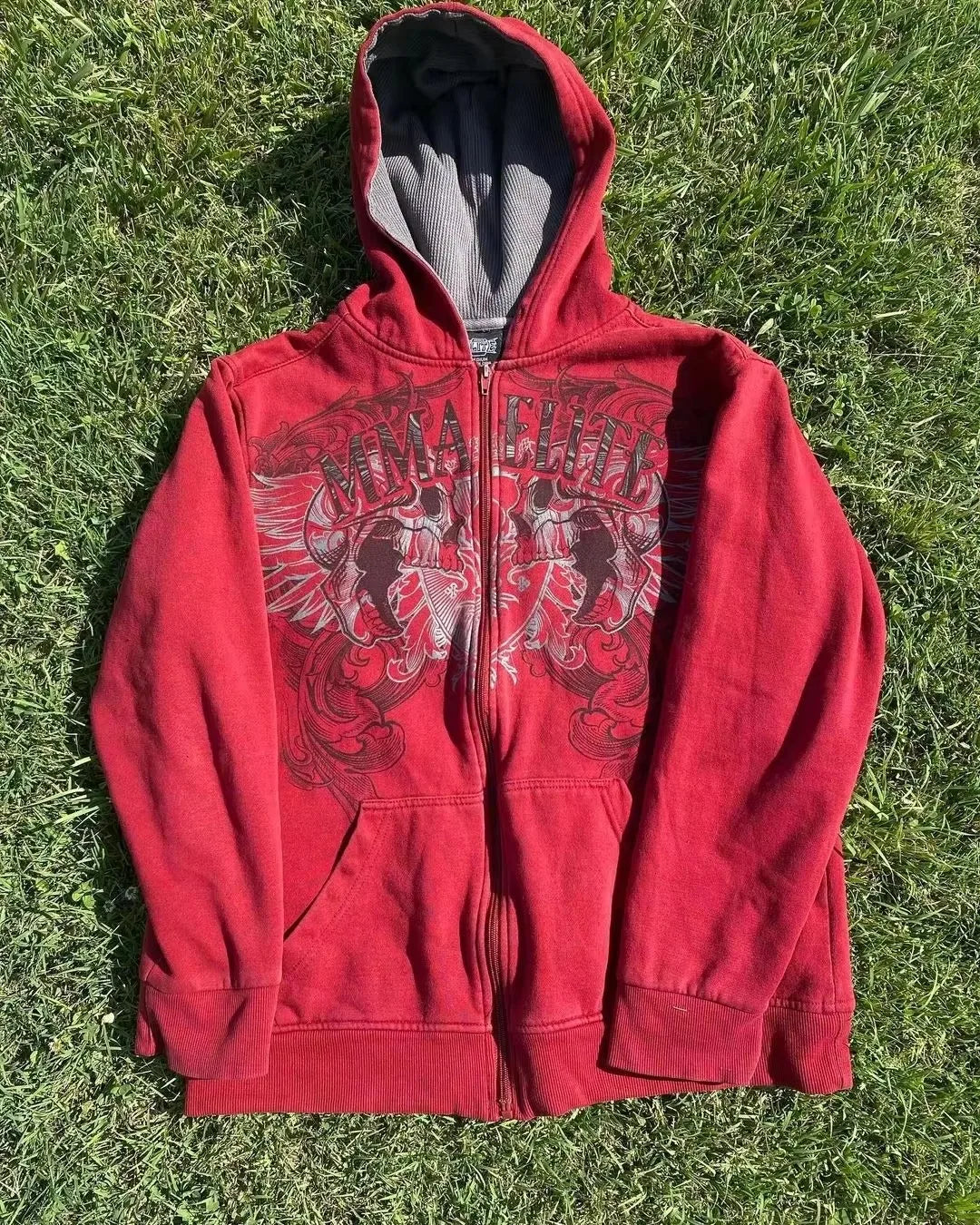 2000s Red Couple Zipper Hoodie – Vintage Y2K Skull Snake Cotton Full-Zip Sweatshirt