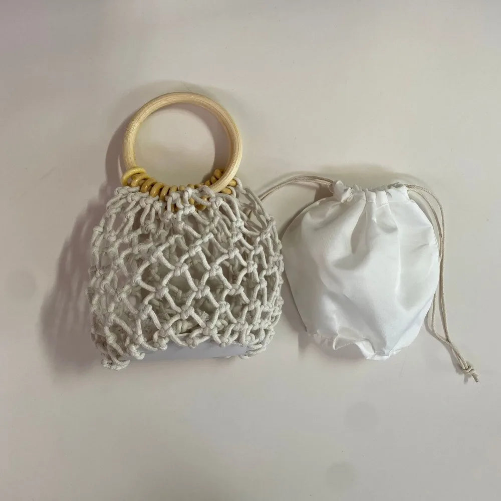 Handmade Woven Straw Handbag – Elegant Bucket Tote Wrist Pack for Women, Travel & Leisure