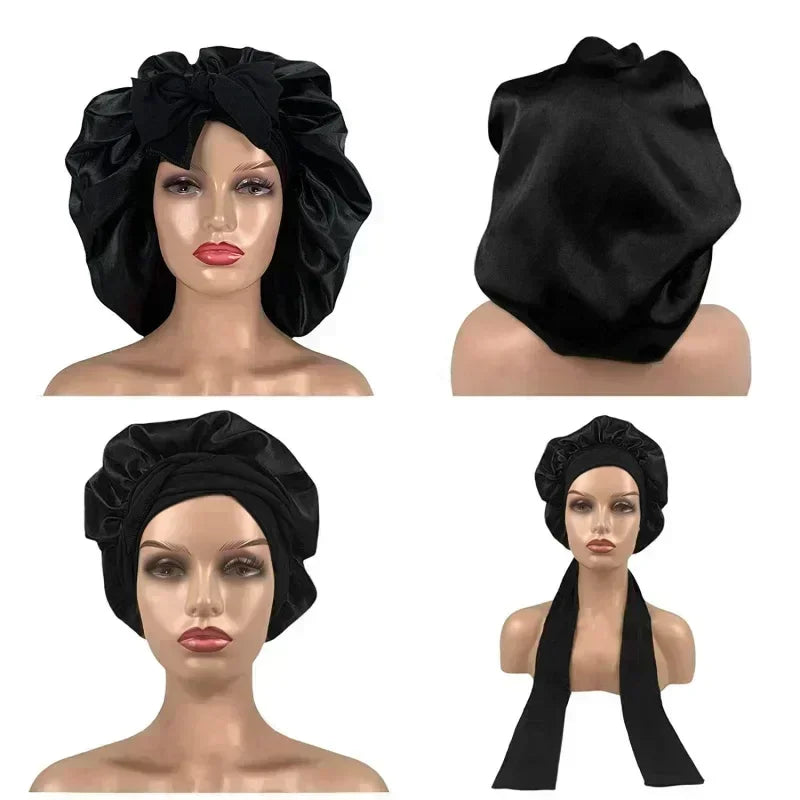 Women's Satin Solid Sleeping Hat: Adjustable Night Sleep Cap with Waterproof Shower Cap Function - Hair Bonnets for Sleep & Shower