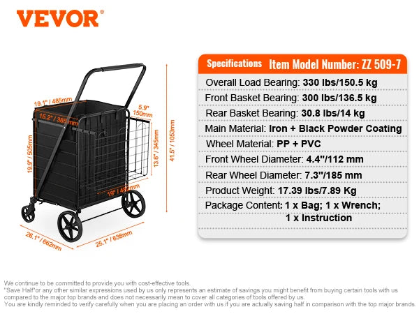 SucceBuy Folding Shopping Cart with Removable Waterproof Liner — Large Capacity 106/330LBS, 360° Swivel Wheels, Metal Mesh Base