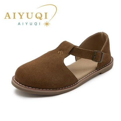 AIYUQI Women’s Retro Leather Sandals 2024 — Flat Sole Hollow Roman Style Summer Shoes
