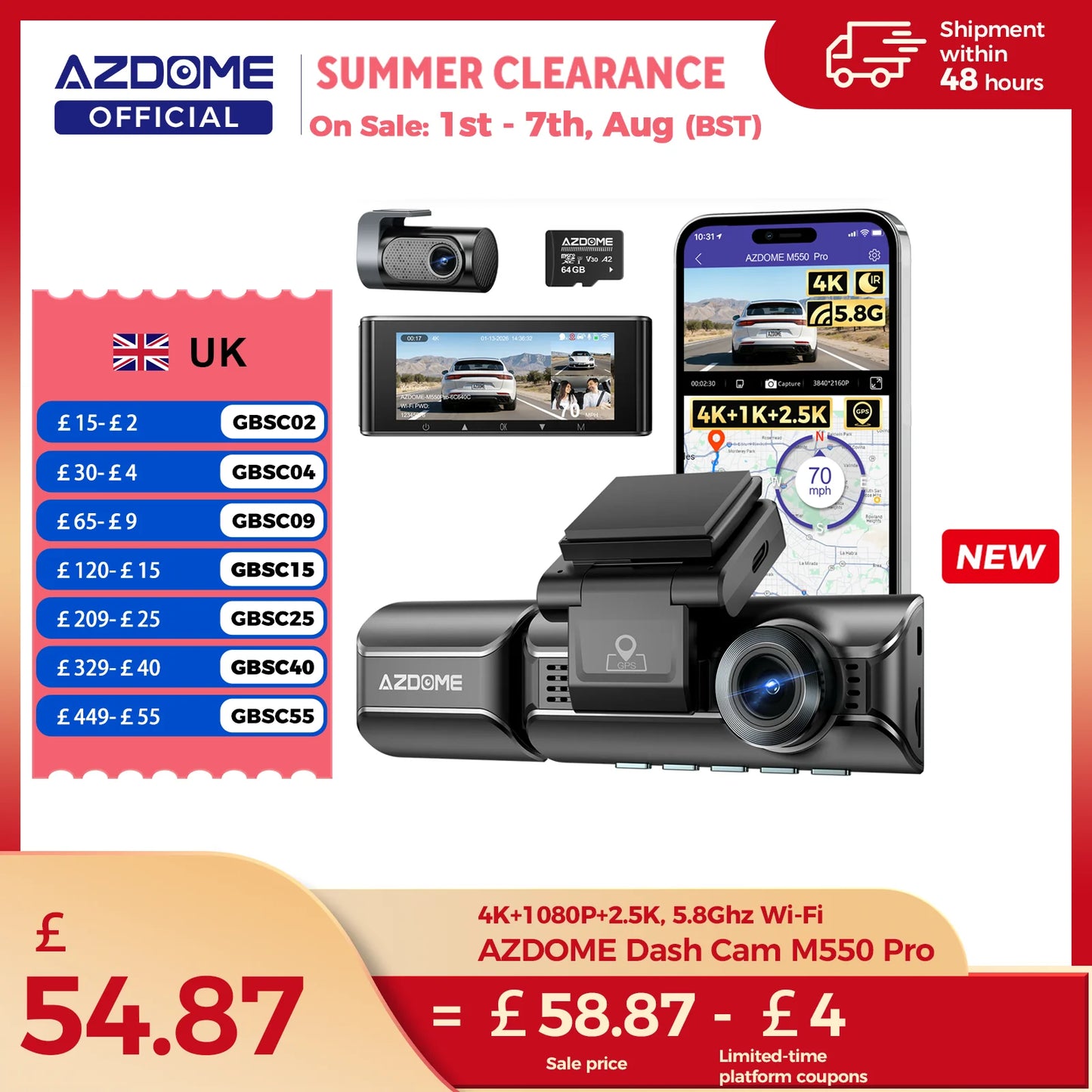 AZDOME M550 Pro 4K Dash Cam - WiFi GPS Car DVR with Night Vision G-Sensor Parking Monitor