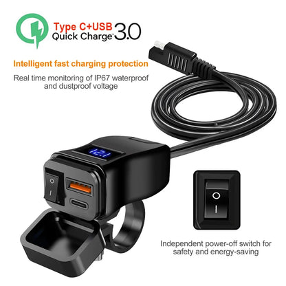 PD QC3.0 Motorcycle USB Fast Charger 60W – Dual USB Handlebar Socket with Switch & Voltmeter Waterproof 12V Power Adapter