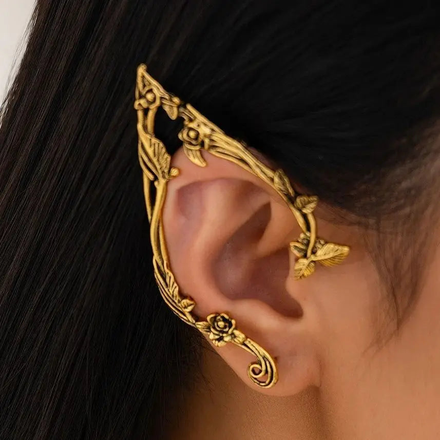 Gold Elf Flower Leaf Ear Cuffs - Fairy-Inspired Clip-On Earrings for Women & Girls