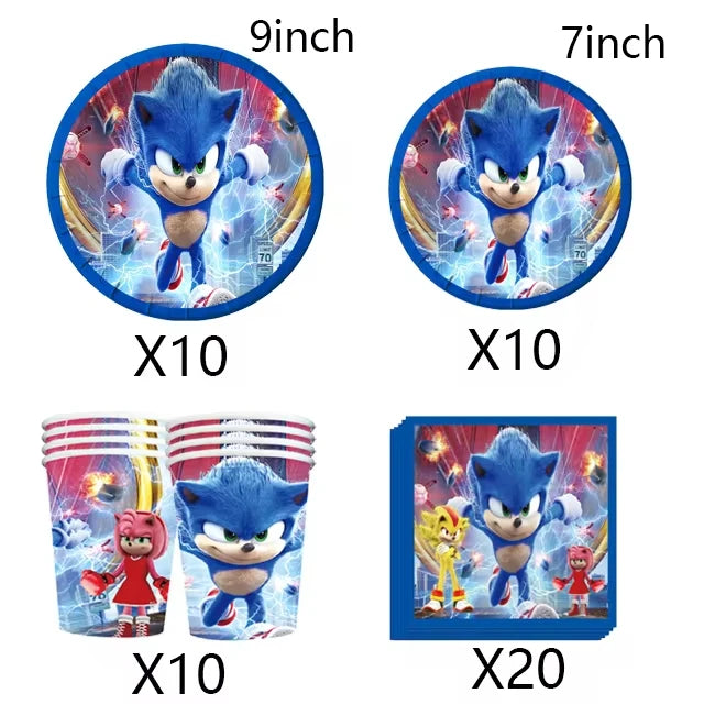 Sonic Cartoon Party Supplies Set – Disposable Tableware with Plates, Cups, Napkins & Balloons for Boys’ Birthday & Baby Shower Decor