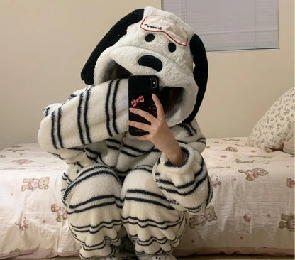 Halloween Snoopy Flannel Pajamas – Hooded Kawaii Anime Cartoon Pajamas for Kids & Adults, Cozy Autumn Homewear