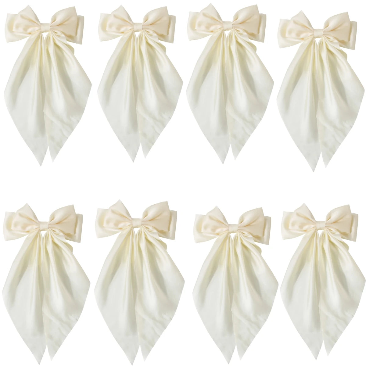 8 Ladies Satin Ribbon Bow Hair Clips – Oversized White, Pink, Red, Blue, Black Long Tail, Spring Clip for Ponytail Hair Accessories