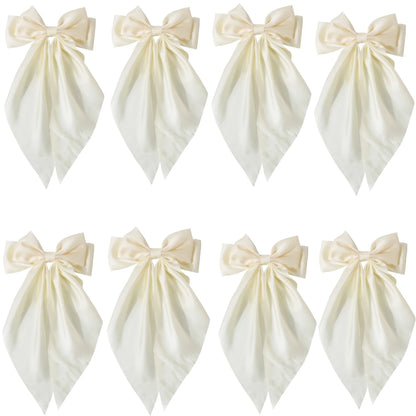 8 Ladies Satin Ribbon Bow Hair Clips – Oversized White, Pink, Red, Blue, Black Long Tail, Spring Clip for Ponytail Hair Accessories