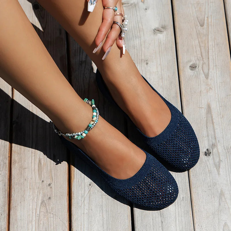 Women’s Round Toe Flat Shoes – Solid Color Knitted Slip-On Ballet Flats, Casual & Breathable Loafers