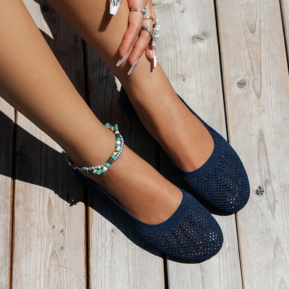 Women’s Round Toe Flat Shoes – Solid Color Knitted Slip-On Ballet Flats, Casual & Breathable Loafers