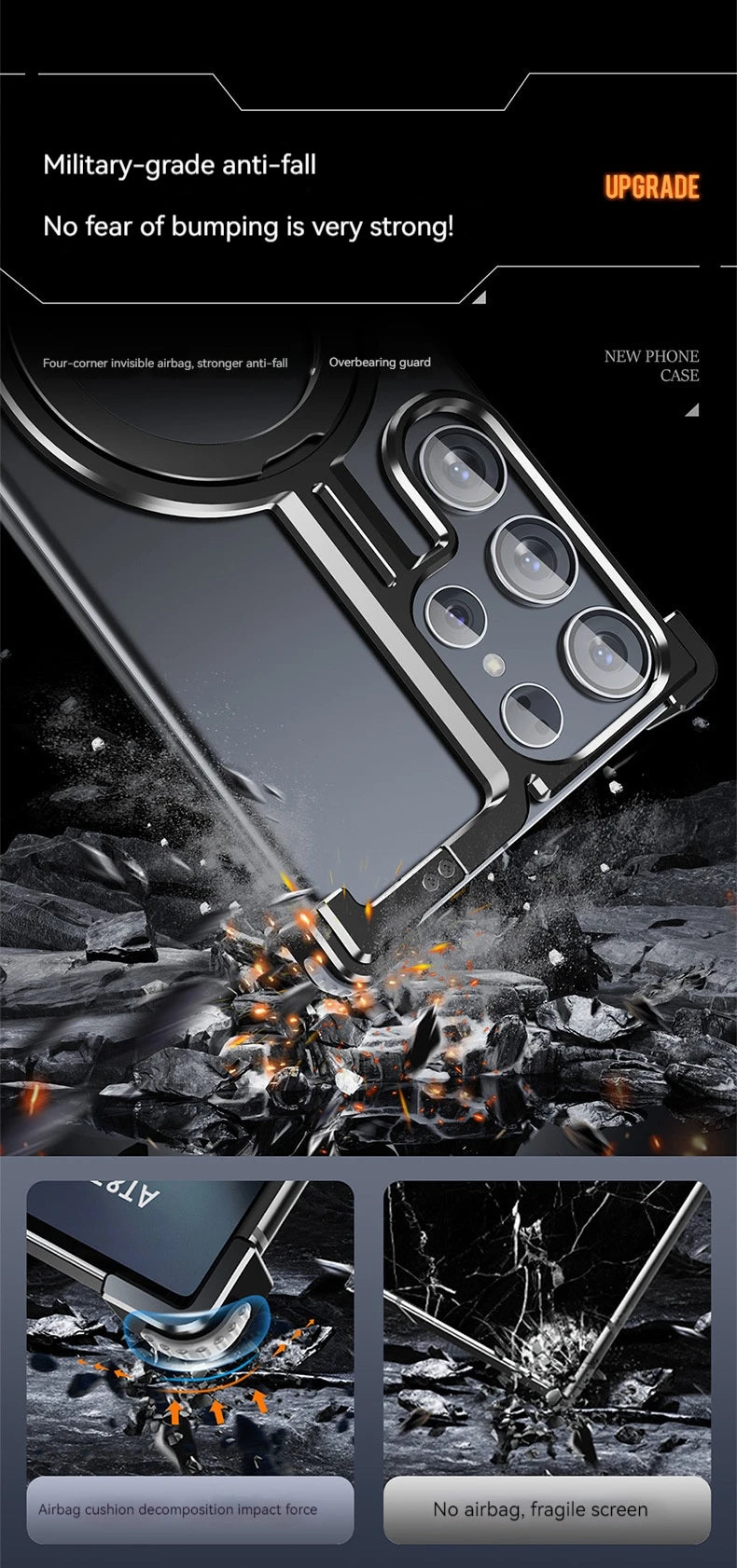 Magnetic Metal Phone Case for Samsung Galaxy S24/S23 Ultra – Aluminum Alloy Frameless Bumper with Finger Ring