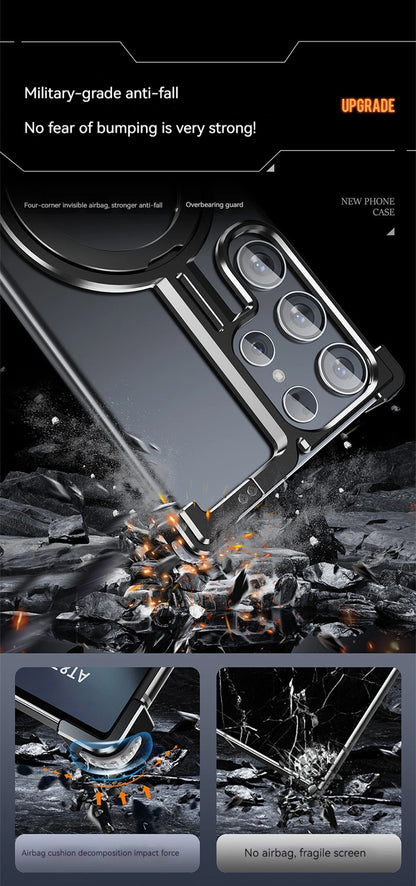 Magnetic Metal Phone Case for Samsung Galaxy S24/S23 Ultra – Aluminum Alloy Frameless Bumper with Finger Ring