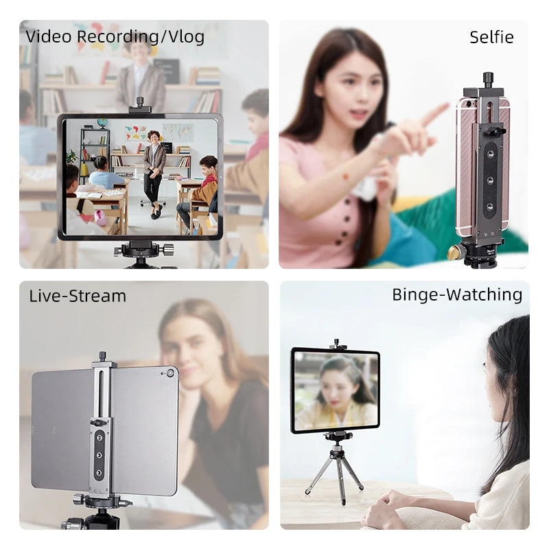 Universal Aluminum Alloy Tablet & Phone Stand – Adjustable Tripod Holder Clip for Mobile Devices