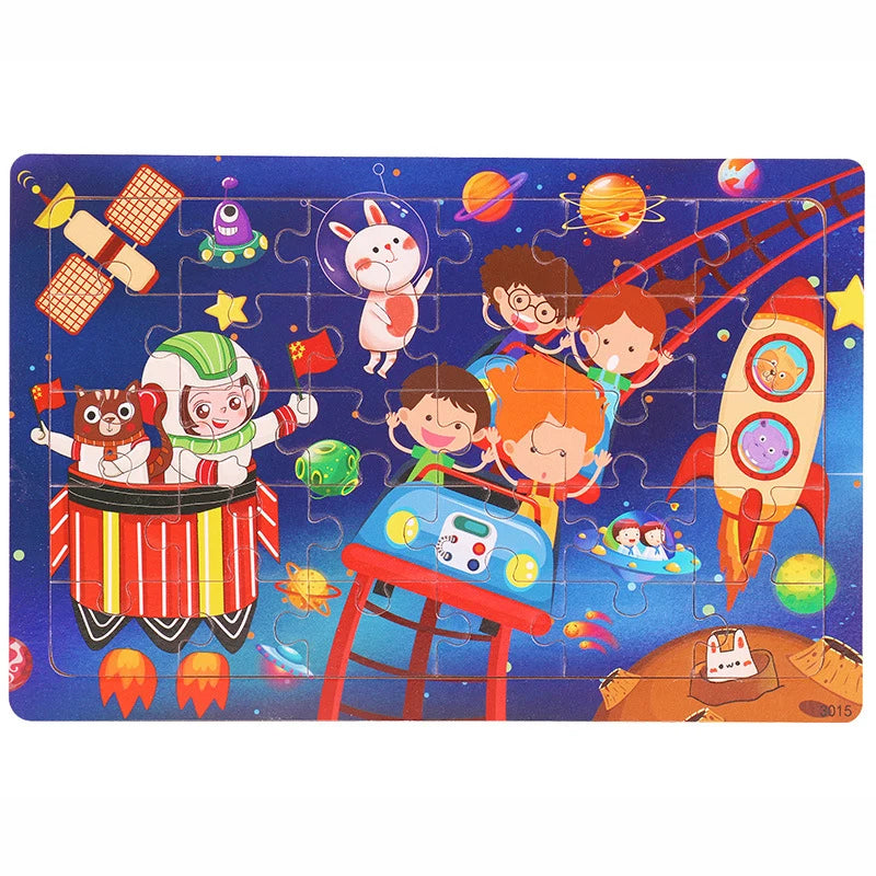 30PCS Wooden Jigsaw Puzzle – Cartoon Animal & Vehicle Educational Toys for Kids