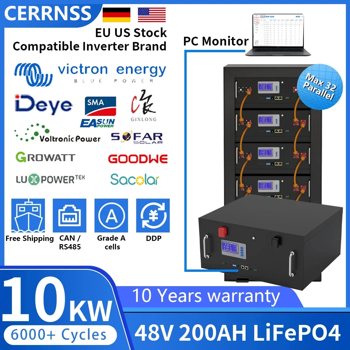 48V LiFePO4 Battery Pack — 100Ah/150Ah/200Ah 51.2V 10KW Rechargeable Lithium Solar Battery with 6000+ Cycles for Home Storage