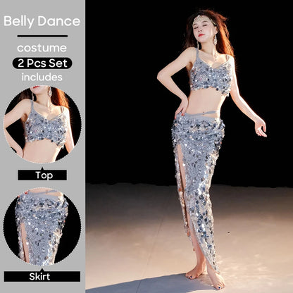 2-Piece Belly Dance Costume Set for Women – Sexy Sequin Top & Skirt Outfit for Stage Performance & Training